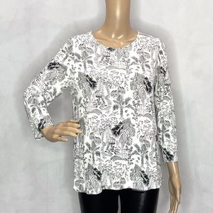 J.JILL WEAREVER PALMS PRINTED 3/4 SLEEVE SHIRT.